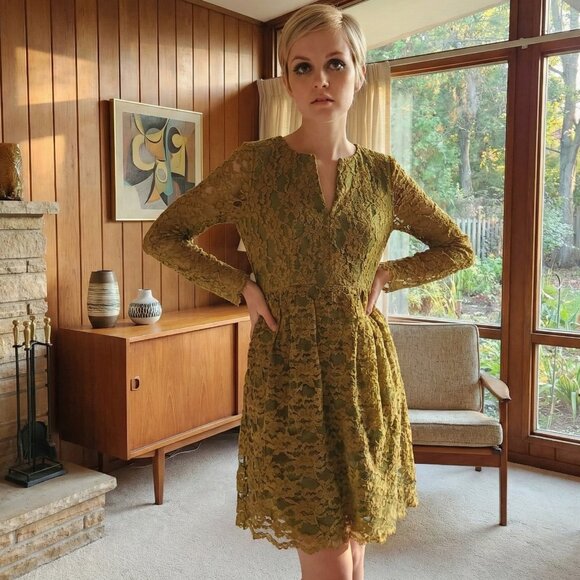 👗 VTG 60s Handmade Lace Dress Olive Mod Long Sleeve 🎯 - Picture 1 of 8